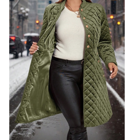 Plus Quilted Button Down Pockets Jacket Coat - Picture 4 of 11